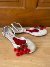 Miss L Fire Cherry Toes Cream Leather Flats Shoes Size UK 4 EU 37 Quirky Retro