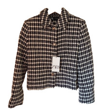 Zara XS UK 8 Textured Short Blazer Jacket Ecru Black Embossed Buttons BNWT