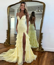 Yellow Mermaid Prom Dresses Spaghetti Strap Applique Tiered Ruffles Party Gowns