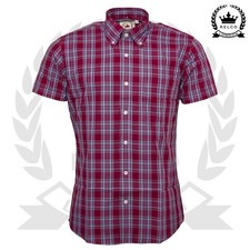 Relco Mens Check Shirt Burgundy Short Sleeve Button Down Collar Tartan Retro Mod