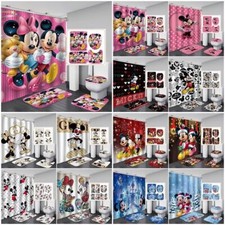 Mickey Minnie Mouse Shower Curtain Non-Slip Bath Mat Toilet Lid Bathroom Rug
