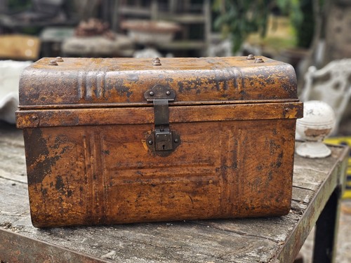 Antique tin studded - tin, trunk