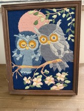 Vintage Framed Crewel Framed Owls Moon Halloween Needlecraft