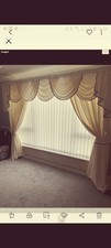 SWAGS AND TAILS  CURTAINS CREAM OR WHITE WITH BLK TRIM 125X90X90 UNLINED 