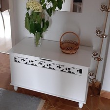 Vintage Storage Bench Wooden French Country Trunk Box White Carved Blanket Chest