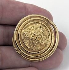 Vtg Signed YVES SAINT LAURENT Gold Tone Swirl Circle Lapel Pin France YSL 