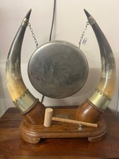 Antique Oak & Cattle Horn Dinner Gong | Brass Disc | Table-Top Gong