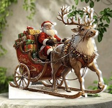 Christmas Santa Sleigh & Reindeer Ornament 2D Flat Acrylic Decor 15cm Christmas