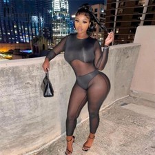 Black Sheer and Lycra Long Sleeved Catsuit Jumpsuit UK 8-10