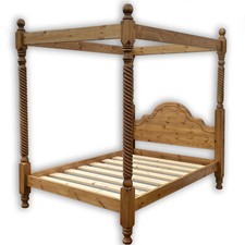 Classic Pine Bed Frame 4FT6 Double FOUR POSTER Low Foot End & Barley Twist Posts