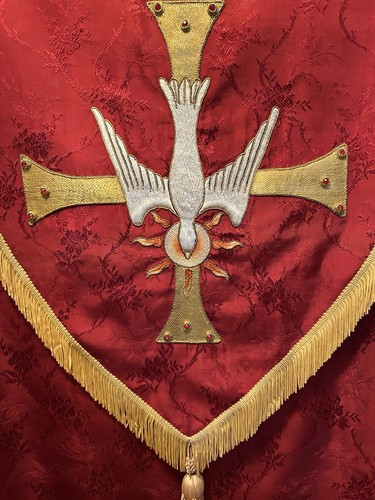 Red silk satin cope vestment - red, vestment.