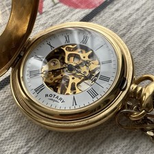 Rotary Pocket Watch Half Hunter Mechanical Skeleton Gold Plated 47mm Case