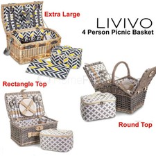 Luxury 4 Person Traditional Picnic Hamper Wicker Willow Basket Blanket Cool Bag