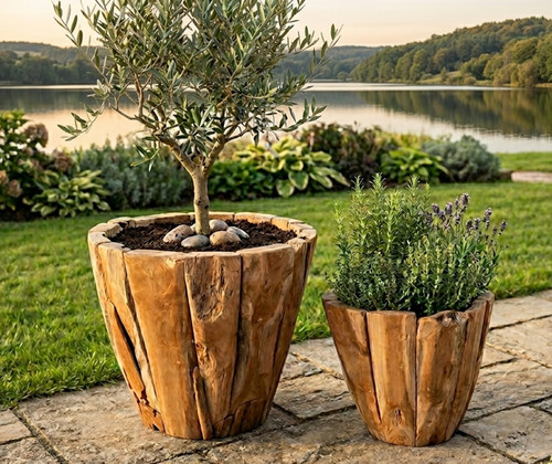Wood barrel plant pot - wood,