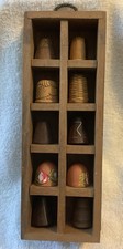 Vintage 10 Wooden Thimbles Light Wooden Rack 8”x 3”x 1.5” Various Designs/Color
