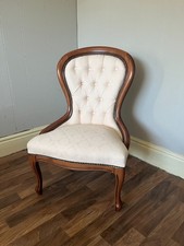 Spoon back bedroom or nursing chair Victorian style, light cream damask fabric