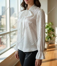 White Jacquard Satin Polka Dot Pussybow Blouse. 46"/48" bust. New Size 20/22.