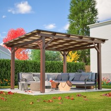 13' x 10' Wooden Pergola Heavy Duty Grill Gazebo with Metal Roof Brown