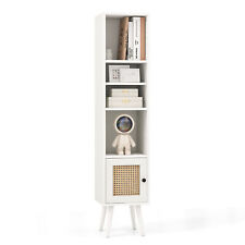 Rattan Storage Cabinet Freestanding Slim Cabinet Boho Accent Bookcase-White