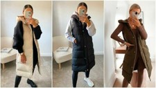 Womens Hooded Quilted Zip Up Gilet Waistcoat Padded Winter Vest Long Bodywarmer