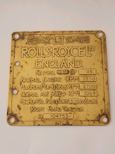 Rolls royce kestral data plate - rolls,