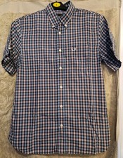 FRED PERRY SHIRT, mens top - UK M, blue GINGHAM CHECK shirt, VGC, short sleeve d