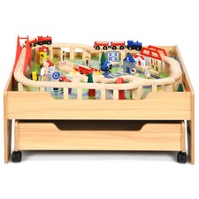 Kids Wooden Train Track Railway Set Table with 100 Pieces Storage Drawer
