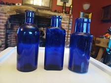 Trio Of Antique Cobalt Blue Chemist Bottles 6 " Tall Good Condition