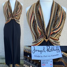 JOSEPH RIBKOFF DESIGNER BLACK GOLD HALTER NECK MAXI DRESS SEXY 14 16