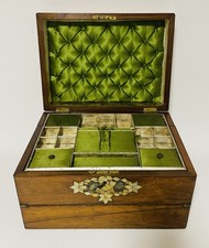 Antique Victorian Walnut Inlaid Jewellery / Sewing Trinket Box and Writing Slope