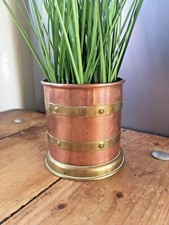 LINTON COPPER & BRASS BANDED RIVETED CYLINDER PLANTER PLANT POT ANTIQUE VINTAGE