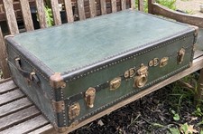 Antique Hartmann Green Leather Steamer Trunk  Wardrobe Style Green Leather Trunk