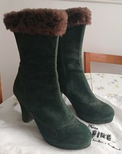 MISS L FIRE SIZE 4 GREEN SUEDE FAUX FUR LEOPARD CALF BOOTS VINTAGE 1940s 50s