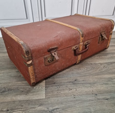 Retro Vintage Canvas & Wooden Banded Steamer Trunk - Storage Box Case Chest