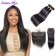 10A Human Hair Bundles Straight Bundles with Closure and 13*4 Lace Frotal Hair