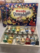 VINTAGE 1938 MAZDA DISNEY CHRISTMAS LIGHTS, UNTESTED, ORIGINAL BOX,BAKELITE END
