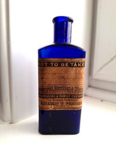 Antique Labelled Blue 3 ounce Poison bottle Exmoor Minehead & Porlock Somerset