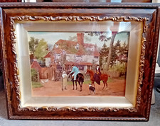 A L VERNON PAINTING SUFFOLK ARTIST 1897 CAVALIER HORSE RIDERS COLLIE DOG COTTAGE