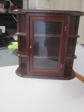 wooden display cabinet brown with glass door old used 3 tier shelves retro