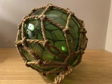VINTAGE & RARE! Original "FISHING BOAT GREEN HAND BLOWN GLASS FLOAT" in ROPE NET