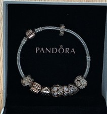 Pandora Charm Bracelet 19cm Silver with Rose Gold Clasp & 8 Rose Charms