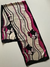 - - A Black Pink & Ivory Stylised Flower Design Vintage Ladies Silk Scarf