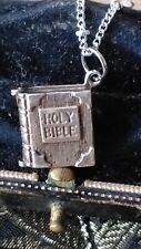 Antique Vintage 1910-s Silver Holy Bible Locket Pendant with Verse on Chain.