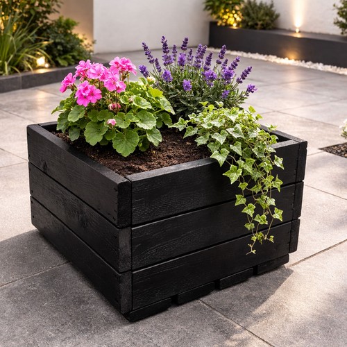 Black wooden square planter - black,