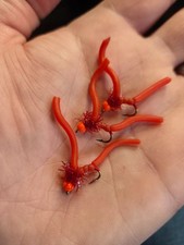 3 Hothead Red Squirmy Worm Fly Fishing Wet Trout Flies Size 10 Deadly Indicator