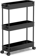 3 Tier Slim kitchen Trolley Cart - Rolling Utility Storage Organiser - Black