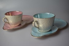 Vtg  Maling pink and  Blue Lustre Ware Tennis Cup and Combination Saucer Plate