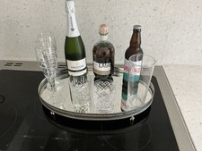 Sheffield Silver Plate Gallery Tray + Glass Mirror Insert On Raised Feet C1990  