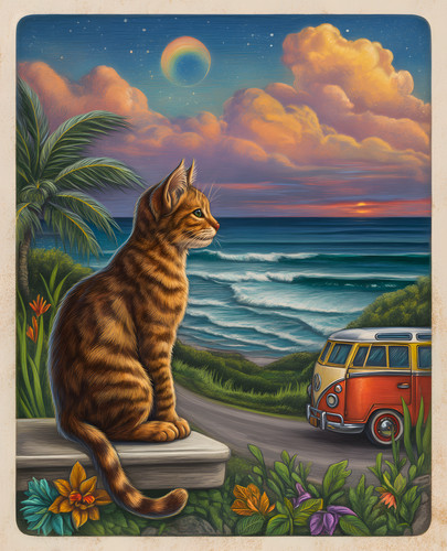 Tabby cat watching ocean - watching,
