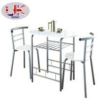 High Gloss Dining Table Breakfast Bar 2 Chairs Set Metal Frame Kitchen White